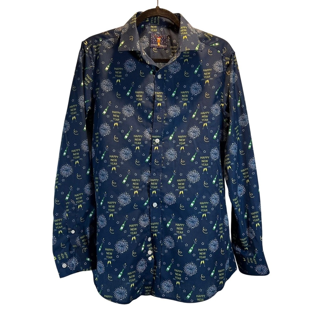 Simon Banks Shirt Mens Medium Button Up Happy New Year Print Party Holiday Blue